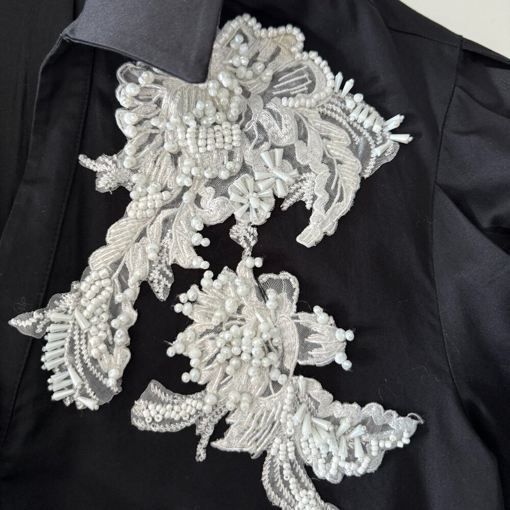 GIZIA Belted Embroidery Detailed Voluminous Sleeve Black Blouse, Size 38 - Picture 5 of 17
